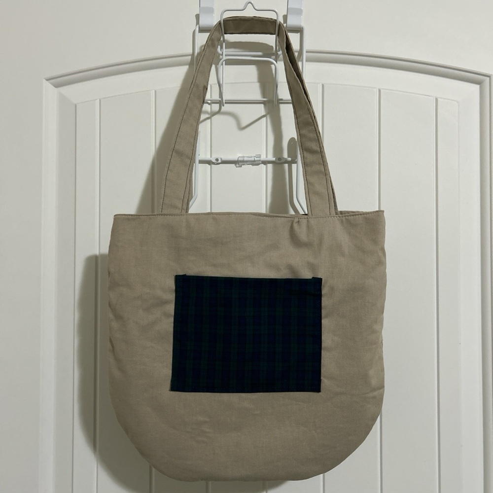 Beige Tote Bag with Black Plaid Pocket